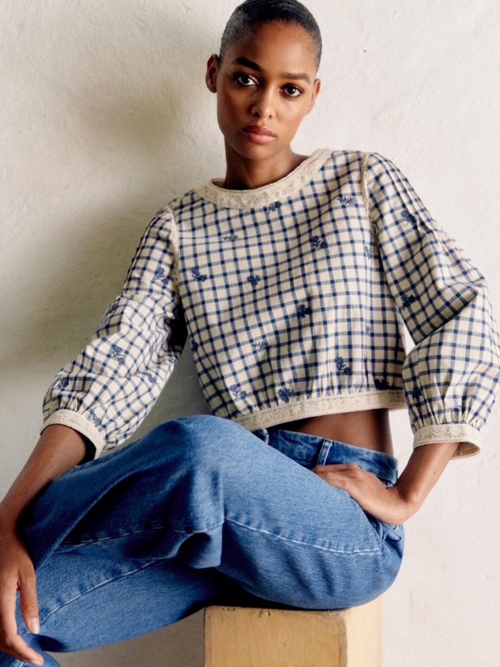Sezane Thalyna Checked Lace-Trim Blouse